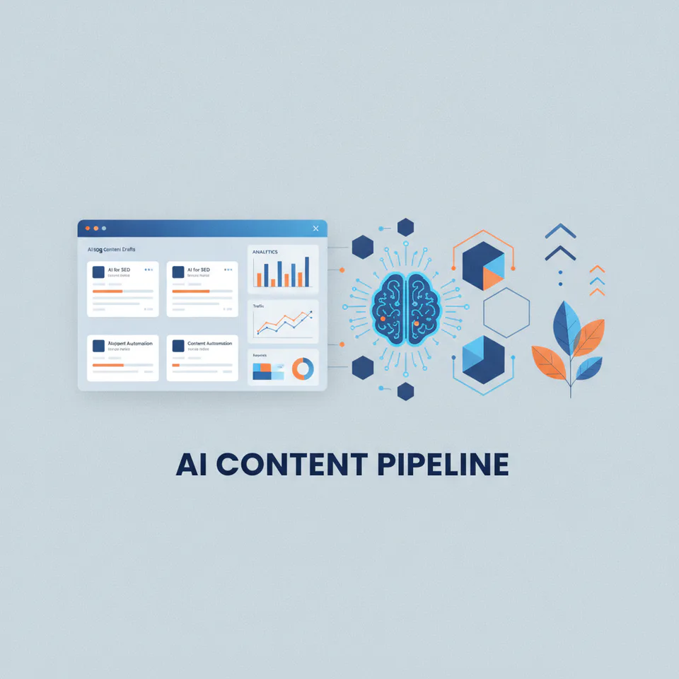 dashboard view showing blog content drafts and analytics next to an AI symbol