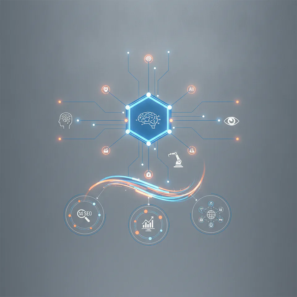 Illustration: an abstract representation of the JMP-Dashboard interface with interconnected data points and AI … (article: Avoid Fragmented Digital Tools for Modern Websites)
