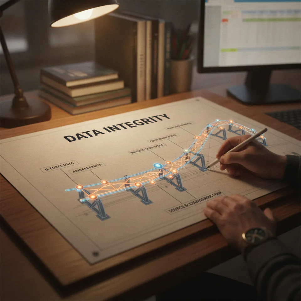 A detailed schematic view of a roller coaster track segment, with data points and source attributions clear