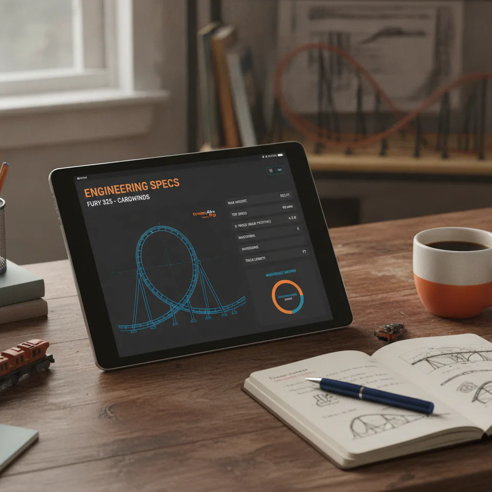 A close-up of a Coaster Atlas user interface on a tablet, displaying detailed engineering specifications fo