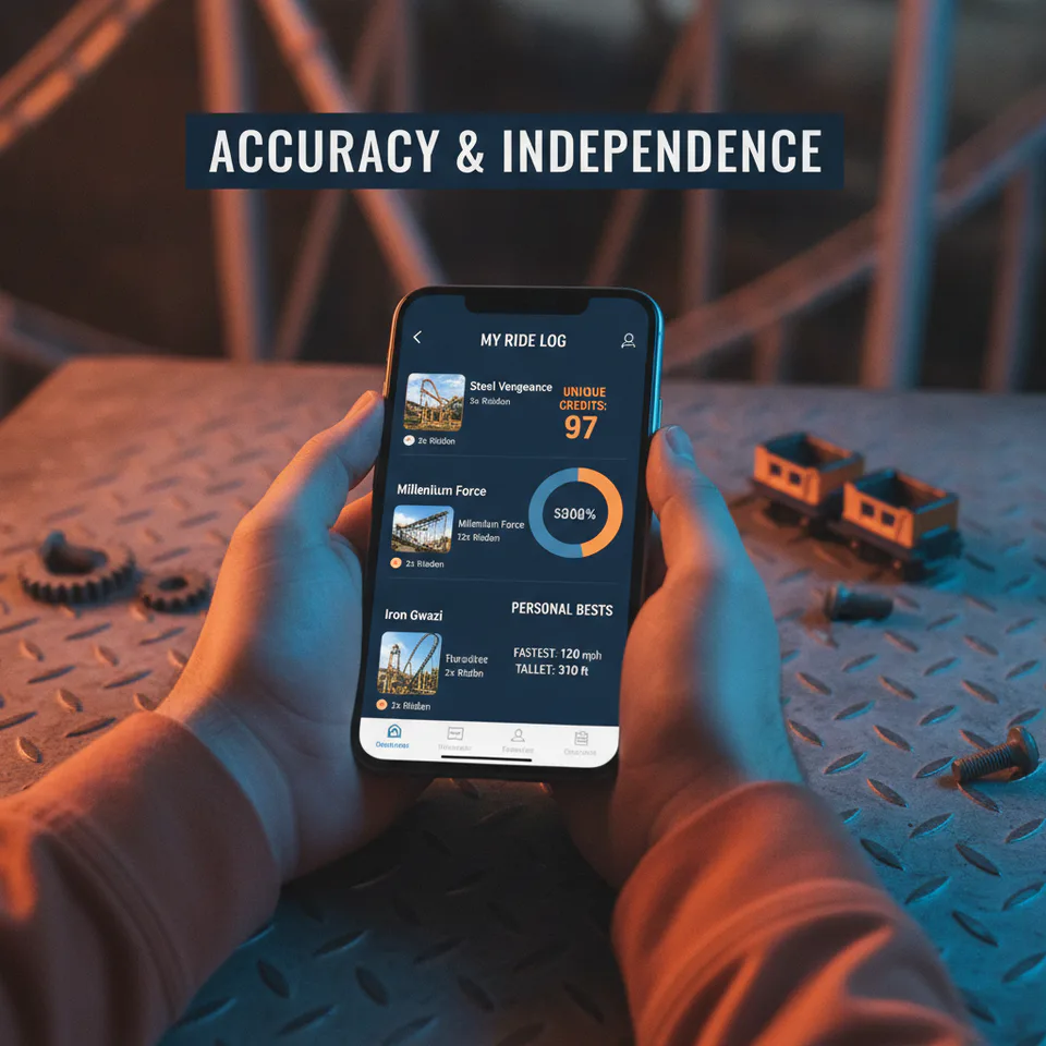 A vibrant screenshot of the Coaster Atlas app on a smartphone, showing a user's detailed ride log and perso