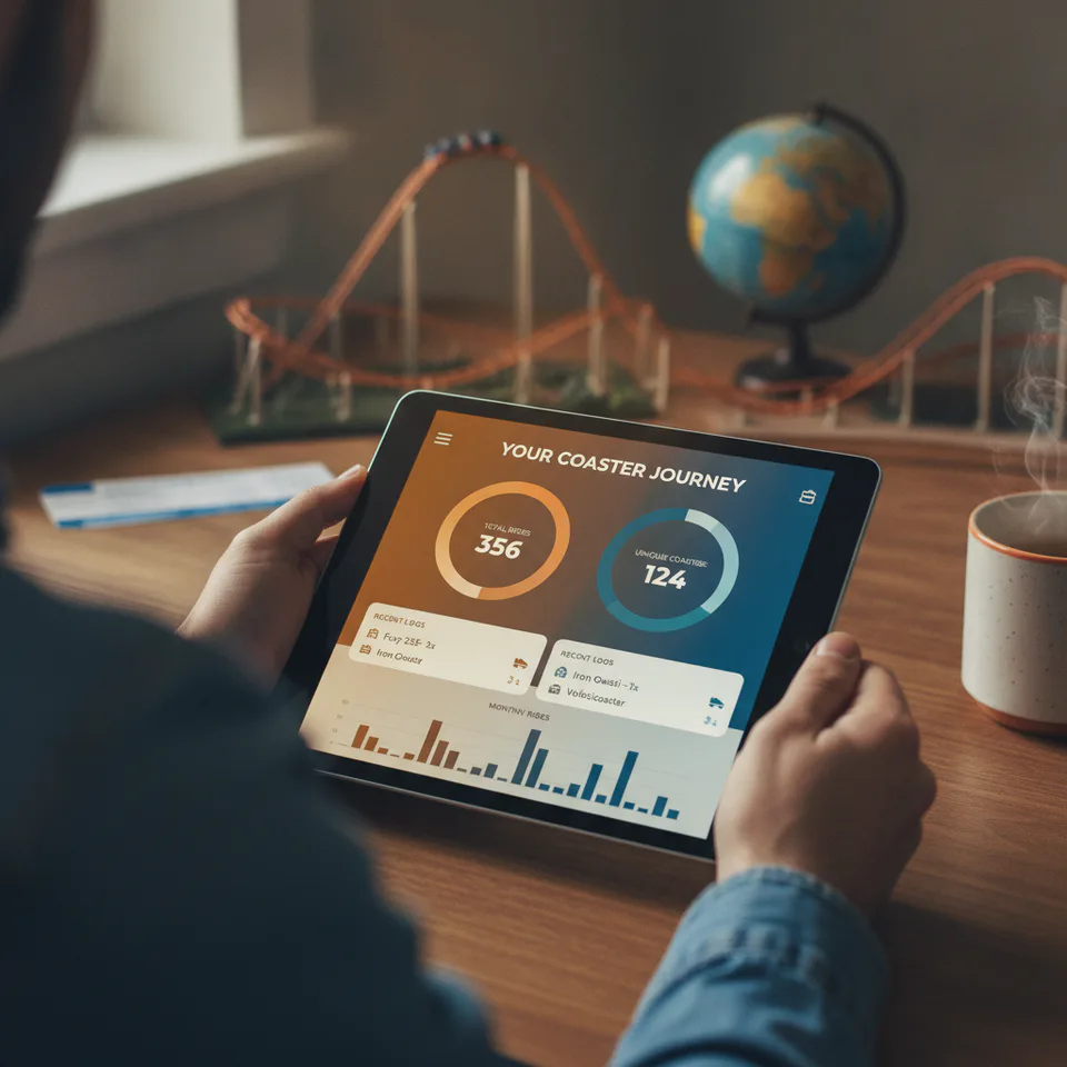 a user interface of the Coaster Atlas app displaying detailed ride logging stats and a personal coaster cou